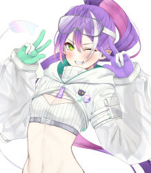 Rule 34 | 1girl, absurdres, bandeau, belt, blush, breasts, buckle, cleavage, demon girl, demon tail, double w, earrings, gloves, goggles, goggles on head, green eyes, green gloves, grey belt, grin, heart, heart earrings, highres, hololive, hooded shrug, jewelry, long hair, long sleeves, looking at viewer, melting tail, multicolored hair, navel, official alternate costume, one eye closed, pink hair, pointy ears, puffy long sleeves, puffy sleeves, purple gloves, purple hair, ribbed bandeau, see-through, see-through sleeves, shrug (clothing), small breasts, smile, snap-fit buckle, stomach, streaked hair, tail, tokoyami towa, tokoyami towa (5th costume), very long hair, virtual youtuber, w, white bandeau, white gloves, white hair, white shrug, white tail, yuya (yuya illust)