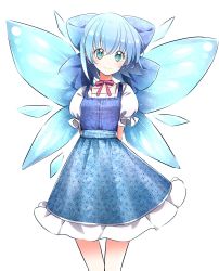 Rule 34 | 1girl, alternate costume, aqua eyes, blue bow, blue dress, blue hair, bow, cirno, cowboy shot, dress, eyelashes, fairy wings, frilled dress, frilled sleeves, frills, hair bow, head tilt, highres, ice, ice wings, looking at viewer, neck ribbon, puffy short sleeves, puffy sleeves, red bow, red ribbon, ribbon, rie-co, sash, short hair, short sleeves, simple background, smile, solo, sparkling eyes, touhou, white background, wings