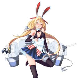 Rule 34 | 1girl, animal ears, ankle cuffs, arm at side, armpits, azur lane, bare shoulders, benson (azur lane), black shirt, black thighhighs, blonde hair, blue skirt, bow, breasts, buttons, cleavage, cleavage cutout, clothing cutout, detached sleeves, eyebrows, fake animal ears, full body, hair between eyes, hair ornament, hairband, heart, heart cutout, highres, leg up, long hair, long sleeves, low twintails, machinery, midriff peek, miniskirt, nipple slip, nipples, orange eyes, over-kneehighs, platform footwear, pleated skirt, rabbit ears, sate, shirt, sidelocks, simple background, skirt, sleeveless, sleeveless shirt, small breasts, smile, solo, standing, standing on one leg, star (symbol), star print, striped, thigh strap, thighhighs, tongue, tongue out, torpedo, turret, turtleneck, twintails, underbust, white background, white hairband, wrist cuffs, zettai ryouiki