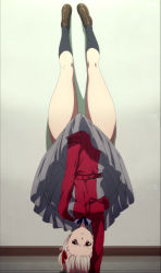 Rule 34 | 1girl, absurdres, black socks, blonde hair, blue ribbon, breasts, brown footwear, collared dress, dress, grey dress, hair ribbon, handstand, highres, kneehighs, long sleeves, looking at viewer, lycoris challenge (meme), lycoris recoil, lycoris uniform, medium breasts, meme, multicolored clothes, multicolored dress, neck ribbon, nishikigi chisato, one side up, pleated dress, red dress, red eyes, red ribbon, ribbon, screencap, short hair, socks, stitched, teeth, thick thighs, thighs, third-party edit, two-tone dress, upside-down