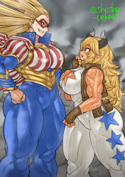 Rule 34 | 2girls, blonde hair, blue eyes, bodysuit, boku no hero academia, breasts, cathleen bate, cleavage, cleavage cutout, clothing cutout, female focus, highres, horns, large breasts, looking at another, mature female, multiple girls, muscular, muscular female, original, shosho oekaki, smile, star and stripe, star and stripe (boku no hero academia), thick thighs, thighs, united states, ushi walker (mha quest)