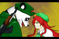 Rule 34 | 1girl, ak-47, angry, assault rifle, braid, cat shit one, chinese clothes, clenched teeth, cube85, gun, hat, hong meiling, kalashnikov rifle, letterboxed, long hair, panda, red hair, rifle, scowl, snarl, teeth, touhou, twin braids, type 56 assault rifle, weapon