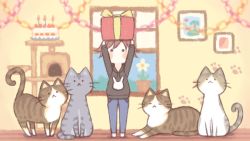 Rule 34 | 1girl, :&lt;, animal, arms up, barefoot, birthday cake, black hoodie, blue pants, blush stickers, box, brown hair, cake, candle, cat, cat tower, closed mouth, day, drawstring, closed eyes, fire, flower, flower pot, food, gift, gift box, holding, holding gift, hood, hood down, hoodie, indoors, open window, original, pants, paper chain, plant, potted plant, sakurato ototo shizuku, solid circle eyes, solo, standing, white flower, window
