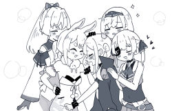 Rule 34 | 5girls, animal ears, closed eyes, covered navel, crown, crying, don-chan (usada pekora), eyepatch, gloves, greyscale, hand on own hip, heads together, heart, hololive, hololive fantasy, houshou marine, jacket, jacket on shoulders, mini crown, monochrome, multiple girls, pointy ears, ponytail, rabbit ears, rabbit girl, sakana (saka11205), shiranui flare, shiranui flare (old design), shirogane noel, shirogane noel (1st costume), smile, sparkle, tail, tears, thick eyebrows, tilted headwear, twin, uruha rushia, uruha rushia (3rd costume), usada pekora, usada pekora (1st costume), virtual youtuber, wrist cuffs