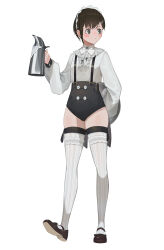 Rule 34 | 1girl, absurdres, black footwear, black hair, black shorts, blush, bow, bowtie, breasts, buttons, cross, full body, fuwafuwa4560, hair ornament, hairclip, hand up, high-waist shorts, highres, holding, holding kettle, holding tray, kettle, long sleeves, looking afar, looking to the side, maid, mary janes, original, parted lips, shirt, shirt tucked in, shoes, short hair, shorts, simple background, small breasts, solo, suspender shorts, suspenders, tassel, thighhighs, tray, unconventional maid, white background, white bow, white bowtie, white headdress, white shirt, white thighhighs