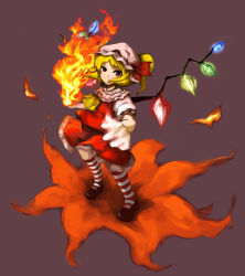 Rule 34 | 1girl, bat wings, blonde hair, female focus, fire, flandre scarlet, full body, hat, laboto, mob cap, ponytail, red eyes, ribbon, short hair, socks, solo, standing, striped clothes, striped socks, touhou, wings