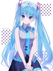 Rule 34 | 1girl, absurdres, bare shoulders, black skirt, blue eyes, blue hair, blush, breasts, collared shirt, commentary, cowboy shot, dot nose, frilled shirt, frills, grey shirt, hair between eyes, hair ornament, hatsune miku, head tilt, highres, long bangs, looking at viewer, nishimiya aki, number tattoo, own hands together, parted lips, pleated skirt, polka dot, polka dot background, shirt, simple background, skirt, sleeveless, sleeveless shirt, small breasts, solo, tattoo, twintails, twitter username, vocaloid, white background