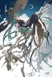 Rule 34 | 1girl, absurdly long hair, aqua eyes, aqua hair, bare shoulders, barefoot, black dress, branch, brown cape, cape, closed mouth, cloud, commentary, crescent moon, dress, floating, hat, hatsune miku, highres, long hair, looking at viewer, moon, night, nine (liuyuhao1992), pointy ears, sky, sleeveless, sleeveless dress, solo, star (sky), starry sky, twintails, very long hair, vocaloid, witch hat