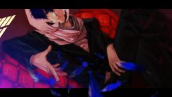 Rule 34 | 1boy, bad id, bad pixiv id, blue eyes, blue hair, closed mouth, couch, crossed legs, feathers, formal, hand on own thigh, highres, kaito (vocaloid), letterboxed, lips, male focus, nail polish, out of frame, red nails, scarf, sitting, smile, solo focus, suit, sumi (38page), vocaloid