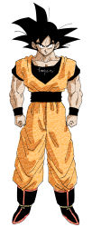 Rule 34 | 1boy, arms at sides, black eyes, black footwear, black hair, black theme, boots, clenched hands, collarbone, commentary request, dougi, dragon ball, dragonball z, fenyon, frown, full body, highres, looking at viewer, male focus, orange theme, serious, shaded face, simple background, son goku, spiked hair, standing, twitter username, white background, wristband