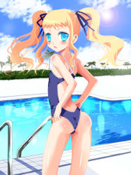 Rule 34 | 1girl, adjusting clothes, adjusting swimsuit, ass, backless outfit, bad id, bad pixiv id, bare back, blonde hair, blue eyes, cloud, day, flat chest, from behind, kay, kay (utd), lens flare, long hair, looking back, one-piece swimsuit, open mouth, outdoors, palm tree, pool, pool ladder, poolside, school swimsuit, solo, standing, sun, swimsuit, tree, twintails