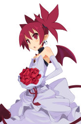Rule 34 | 1girl, absurdres, bouquet, collar, demon girl, demon tail, disgaea, dress, earrings, elbow gloves, etna (disgaea), flat chest, flower, gloves, highres, jewelry, makai senki disgaea, pointy ears, red eyes, red hair, revision, sai (bankoru), skull earrings, solo, strapless, strapless dress, tail, twintails, wedding dress, white dress, white gloves