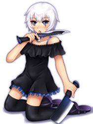 Rule 34 | 1girl, black dress, blue eyes, boots, dress, fate/apocrypha, fate (series), hozenkakari, jack the ripper (fate/apocrypha), licking, licking blade, licking weapon, md5 mismatch, scar, short hair, solo, thigh boots, thighhighs, weapon, white hair