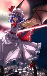 Rule 34 | 1girl, dress, female focus, highres, moon, outdoors, red eyes, remilia scarlet, sky, solo, star (symbol), taida jun, touhou, wings