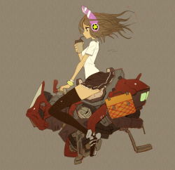 Rule 34 | 1girl, bad id, bad pixiv id, black thighhighs, bracelet, brown hair, cup, disposable cup, grey background, headphones, hover bike, jewelry, ladic, long hair, miniskirt, original, riding, simple background, skirt, solo, thighhighs, zettai ryouiki