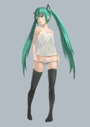 Rule 34 | 1girl, absurdres, camisole, cancer (zjcconan), green eyes, green hair, grey background, hatsune miku, highres, jpeg artifacts, long hair, matching hair/eyes, open mouth, panties, panty pull, see-through, simple background, solo, striped clothes, striped panties, thighhighs, twintails, underwear, undressing, very long hair, vocaloid, zjcconan