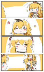 Rule 34 | 3girls, 4koma, :&gt;, ^^^, azur lane, blonde hair, blue eyes, blush stickers, bow, braid, brown dress, carrying, chibi, closed eyes, closed mouth, comic, commentary request, crossover, crown, dress, flying sweatdrops, hair between eyes, hair bow, hair ears, hair ornament, hairband, headgear, heart, highres, historical name connection, kantai collection, long hair, mini crown, multiple girls, name connection, profile, queen elizabeth (azur lane), queen elizabeth (the queen&#039;s ball) (azur lane), sidelocks, silent comic, sweat, v-shaped eyebrows, very long hair, warspite (azur lane), warspite (kancolle), white bow, white dress, yagami kamiya, yellow hairband