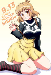 Rule 34 | 1girl, black socks, breasts, brown eyes, brown hair, commentary request, dated, english text, gradient background, grin, hair ornament, hairclip, happy birthday, kneehighs, large breasts, light brown hair, looking at viewer, no shoes, orange background, senki zesshou symphogear, short hair, simple background, sitting, skirt, smile, socks, solo, striped clothes, striped socks, suspender skirt, suspenders, suspenders pull, sweater, tachibana hibiki (symphogear), turtleneck, turtleneck sweater, wariza, white background, yellow skirt, zetsumu