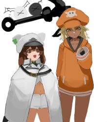 Rule 34 | 2girls, anchor, belt buckle, brown hair, buckle, cloak, cosplay, costume switch, dark-skinned female, dark skin, fingerless gloves, flasso, gloves, guilty gear, guilty gear strive, hat, height difference, highres, hood, hoodie, lucifero (guilty gear), may (guilty gear), may (guilty gear) (cosplay), multiple girls, navel, orange hoodie, oversized clothes, platinum blonde hair, ramlethal valentine, ramlethal valentine (cosplay), shorts, side-by-side, simple background, upper body, white background, white cloak