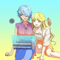 Rule 34 | 2girls, akroglam, aorta (akroglam), blonde hair, blue eyes, blue hair, blue pants, collared shirt, commentary request, dark-skinned female, dark skin, earrings, eno (akroglam), hair over one eye, hand up, highres, holding another&#039;s hair, holographic interface, jewelry, long hair, multiple girls, official art, open mouth, orange shorts, pants, purple shirt, second-party source, shirt, short hair, short sleeves, shorts, sitting, smile, t-shirt, yellow eyes, yellow shirt