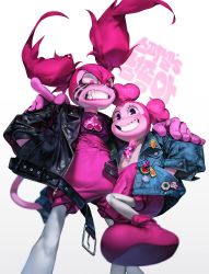 Rule 34 | 2girls, absurdres, angry, belt, chest jewel, colored skin, dual persona, eyelashes, fangs, gloves, heart, heart hair, highres, jacket, leather, leather jacket, looking at viewer, multiple girls, pink eyes, pink footwear, pink gloves, pink hair, pink legwear, pink skin, smile, spinel (steven universe), steven universe, tto ja, twintails