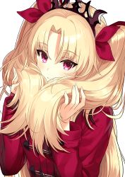 Rule 34 | 1girl, alternate costume, blonde hair, casual, coat, commentary request, duffel coat, ereshkigal (fate), fate/grand order, fate (series), fingernails, fluffy, hair ribbon, holding, holding own hair, long fingernails, long hair, miruto netsuki, parted bangs, red coat, red eyes, ribbon, simple background, smile, solo, tiara, two side up, upper body, white background