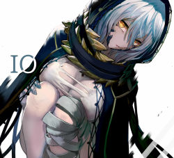 Rule 34 | 1girl, bandaged arm, bandaged leg, bandages, bare shoulders, breasts, character name, cleavage, code vein, dress, hair between eyes, hood, hood up, io (code vein), jewelry, large breasts, looking at viewer, necklace, open mouth, short hair, silver hair, solo, squatting, torn clothes, torn dress, walzrj, white dress, yellow eyes