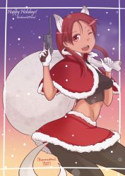 Rule 34 | 1girl, animal ears, ass, black pantyhose, blush, bookmarkahead, breasts, christmas, dog ears, dog tail, gun, highres, large breasts, looking at viewer, midriff, minna-dietlinde wilcke, navel, one eye closed, open mouth, pantyhose, red eyes, red hair, santa costume, smile, solo, strike witches, tail, weapon, world witches series