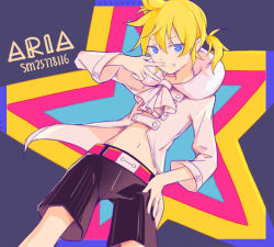 Rule 34 | 1boy, alternate costume, belt, black shorts, blonde hair, blue eyes, ascot, dutch angle, hand on own hip, hand to own mouth, high collar, kagamine len, male focus, midriff, moa (fade64222), navel, short ponytail, shorts, sketch, solo, star (symbol), v, vocaloid