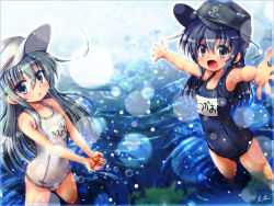 Rule 34 | 10s, 2girls, akatsuki (kancolle), alternate costume, black eyes, black hair, blue eyes, hat, hibiki (kancolle), kantai collection, long hair, multiple girls, name tag, one-piece swimsuit, open mouth, outstretched arms, school swimsuit, silver hair, soutou, spread arms, swimsuit, verniy (kancolle), white one-piece swimsuit, white school swimsuit