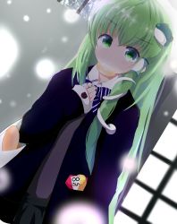 Rule 34 | 1girl, :t, arm at side, bag, blush, bow, cardigan, chips (food), eating, food, food in mouth, frog hair ornament, green eyes, green hair, grocery bag, hair ornament, hair tubes, hakuda32, hand on own chest, highres, jewelry, kochiya sanae, light particles, long hair, long sleeves, looking at viewer, object in pocket, outdoors, pleated skirt, potato chips, ring, school uniform, shopping bag, skirt, sleeves past wrists, snake hair ornament, snow, solo, striped, striped bow, sweater vest, touhou, v-shaped eyebrows, very long hair, wrapper