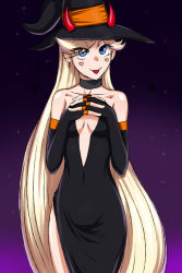 Rule 34 | 1girl, black dress, black gloves, blonde hair, blue eyes, breasts, choker, ciohoxyami, dress, elbow gloves, facial mark, female focus, fingerless gloves, gloves, halloween, hat, heart, horns, long hair, looking at viewer, night, solo, star butterfly, star vs the forces of evil, tagme, tongue, tongue out, very long hair, witch hat