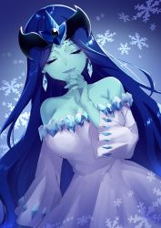 Rule 34 | 1girl, absurdres, bakuten shoot beyblade, bare shoulders, beyblade, blue skin, breasts, cleavage, colored skin, dress, earrings, closed eyes, facing viewer, hand up, highres, jewelry, large breasts, long hair, meronnpannpi, snowflakes, solo, standing, white dress, yuki onna, yuki onna (beyblade)