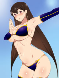 Rule 34 | 1girl, armpits, bikini, blue bikini, blue thighhighs, blush, breasts, brown eyes, brown hair, cleavage, detached sleeves, earrings, fate (series), highres, hoop earrings, jewelry, kagemusha, large breasts, long hair, looking at viewer, ring, skindentation, solo, swimsuit, thighhighs, thighs, very long hair, xuangzang sanzang (fate)