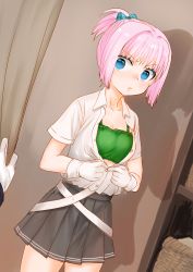 Rule 34 | 1girl, 1other, absurdres, admiral (kancolle), blue eyes, bra, changing room, curtains, dutch angle, eyes visible through hair, gloves, green bra, highres, kantai collection, kutouten, miniskirt, partially unbuttoned, pink hair, pleated skirt, ponytail, pov, pov hands, shiranui (kancolle), skirt, underwear, undressing, white gloves