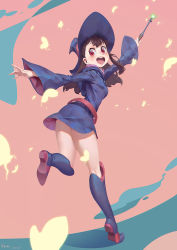 Rule 34 | 10s, 1girl, blue hat, blush, boots, brown hair, c home, full body, hat, high heel boots, high heels, highres, holding, holding wand, kagari atsuko, knee boots, little witch academia, long sleeves, looking at viewer, open mouth, red eyes, smile, solo, teeth, wand