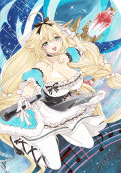Rule 34 | 1girl, absurdly long hair, ahoge, azur lane, black bow, black choker, black footwear, black ribbon, bow, breasts, choker, cleavage, detached sleeves, dress, floating hair, frilled dress, frills, full body, fur trim, gloves, green eyes, high heels, highres, holding, holding microphone, large breasts, layered dress, le temeraire (azur lane), le temeraire (muse) (azur lane), long hair, looking at viewer, microphone, musical note, open mouth, outstretched arm, pantyhose, puffy short sleeves, puffy sleeves, ribbon, short sleeves, solo, traditional media, uzuharu (uduharu), very long hair, white bow, white dress, white gloves, white pantyhose