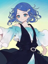 Rule 34 | 1girl, ao (ao0 0nemu), bad id, bad twitter id, black dress, blue background, blue eyes, blue hair, blue shirt, closed mouth, commentary request, cowboy shot, cropped shirt, dress, gradient background, hair ornament, highres, looking at viewer, pretty rhythm, pretty rhythm rainbow live, pretty series, rinne (pretty rhythm), shirt, short hair, sleeveless, sleeveless dress, smile, solo, standing, wide sleeves