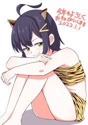 Rule 34 | 1girl, ahoge, animal ears, animal print, ao (flowerclasse), aoi (flowerclasse), barefoot, black hair, blush, bob cut, closed mouth, commentary, cropped shirt, crossed arms, dated, green eyes, hair ornament, hairclip, half-closed eyes, highres, kotoyoro, leg hair, looking at viewer, miniskirt, new year, original, print shirt, print skirt, shadow, shirt, short hair, simple background, sitting, skirt, smile, solo, tiger ears, tiger print, translated, white background, yellow shirt, yellow skirt