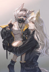 Rule 34 | 1boy, 1girl, absurdres, animal ears, arknights, beard, black footwear, black hairband, black pants, black shirt, blue eyes, blush, boots, carrying, carrying person, cat ears, child carry, eyepatch, facial hair, feather hair, flower, gas mask, hair flower, hair ornament, hairband, hand up, hellagur (arknights), highres, infection monitor (arknights), jacket, long hair, long sleeves, looking at another, looking at viewer, mask, mustache, neon (arknights), off-shoulder sweater, off shoulder, open clothes, open jacket, pants, shirt, short hair, snow234, spaghetti strap, sweater, white flower, white hair, white sweater, yellow eyes
