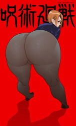 Rule 34 | 1girl, ass, ass focus, bent over, blush, brown hair, cameltoe, cleft of venus, copyright name, from behind, highres, huge ass, japanese text, jujutsu kaisen, kneepits, kugisaki nobara, looking at viewer, looking back, pantyhose, presenting, radiooo, red background, red eyes, shadow, short hair, simple background, solo, thick thighs, thighs, tiptoes, wide hips