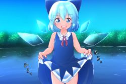 Rule 34 | 1girl, bare shoulders, blue dress, blue eyes, blue hair, blue ribbon, blue sky, blue theme, blue wings, buttons, child, cirno, clothes lift, collared shirt, cowboy shot, day, dress, dress lift, female focus, flat chest, gradient sky, hair ribbon, hands up, happy, ice, ice wings, japanese text, katsura dendou, lifted by self, looking at viewer, neck ribbon, open mouth, outdoors, pinafore dress, red ribbon, reflection, ribbon, shiny skin, shirt, short hair, sidelocks, sky, sleeveless, sleeveless dress, sleeveless shirt, smile, solo, straight-on, teeth, touhou, translation request, tree, water, white shirt, wings