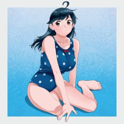 Rule 34 | 1girl, ahoge, barefoot, black hair, blue background, blue one-piece swimsuit, breasts, collarbone, full body, gradient background, highres, kantai collection, large breasts, long hair, looking at viewer, ojipon, one-piece swimsuit, parted lips, polka dot, polka dot swimsuit, sitting, solo, swimsuit, ushio (kancolle), yokozuwari