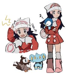 Rule 34 | 1girl, bag, beanie, black hair, boots, closed mouth, coat, commentary request, creature, creatures (company), crossed arms, dawn (pokemon), duffel bag, eyelashes, game freak, gen 4 pokemon, grey eyes, hair ornament, hairclip, hat, highres, holding, holding pokemon, long hair, long sleeves, looking at viewer, looking to the side, multiple views, nintendo, open mouth, over-kneehighs, pink footwear, piplup, pokemon, pokemon (creature), pokemon dppt, pokemon platinum, red coat, scarf, shichibee (stm mimi), shinx, simple background, sleeping, smile, standing, starly, sweatdrop, thighhighs, white background, white bag, white headwear, white scarf, white thighhighs, zzz