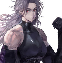 Rule 34 | 1girl, absurdres, alternate costume, breasts, clenched hand, dorohedoro, earrings, highres, jewelry, long hair, looking at viewer, muscular, muscular female, noi (dorohedoro), park ongjol, red eyes, simple background, skin tight, solo, tall female, white hair