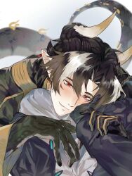 Rule 34 | 1boy, 1other, absurdres, arknights, arm grab, black gloves, black hair, black horns, blush, brown hair, caressing cheek, chong yue (arknights), closed mouth, colored extremities, doctor (arknights), dragon horns, dragon tail, earrings, gloves, gradient background, green eyes, hand on another&#039;s face, highres, horns, jewelry, lap pillow, long hair, long sleeves, long tail, looking at viewer, low ponytail, multicolored eyes, multicolored hair, pointy ears, pov, red eyes, simple background, single glove, slit pupils, smile, streaked hair, tail, walhee221, white background, white hair