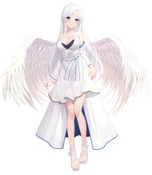 Rule 34 | 1girl, absurdres, angel wings, arms at sides, bare legs, bare shoulders, belt, black bra, blue eyes, blue nails, blush, bra, breasts, chinese commentary, cleavage, closed mouth, collarbone, curtained hair, dress, feathered wings, full body, hair between eyes, highres, large breasts, long hair, long sleeves, looking at viewer, nail polish, original, sandals, shenqi (toid310), sidelocks, simple background, smile, solo, standing, strapless, strapless dress, tachi-e, toes, underwear, white background, white belt, white dress, white footwear, white hair, white wings, wings