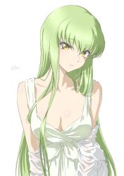 Rule 34 | 1girl, alternate costume, bare shoulders, breasts, c.c., cleavage, code geass, dress, female focus, green hair, head tilt, highres, long hair, looking at viewer, medium breasts, mitsugu, no bra, off shoulder, parted lips, shirt, signature, simple background, sleeveless, sleeveless dress, solo, straight hair, upper body, very long hair, white background, white dress, white shirt, yellow eyes