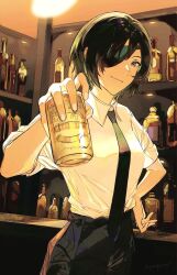 Rule 34 | 1girl, alcohol, bar (place), beer, beer bottle, beer can, black hair, black necktie, black pants, bottle, breasts, can, chainsaw man, collared shirt, dr woodpecker, drink can, eyepatch, hand on own hip, highres, himeno (chainsaw man), holding, holding can, looking at viewer, medium breasts, necktie, pants, shelf, shirt, shirt tucked in, short hair, smile, solo, white shirt, wine bottle, yellow theme