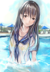 Rule 34 | 1girl, anegasaki nene, bad id, bad pixiv id, day, long hair, looking at viewer, love plus, mole, mole under eye, nannacy7, partially submerged, revision, school uniform, serafuku, sky, smile, solo, swimsuit, swimsuit under clothes, umbrella, water, wet, wet clothes